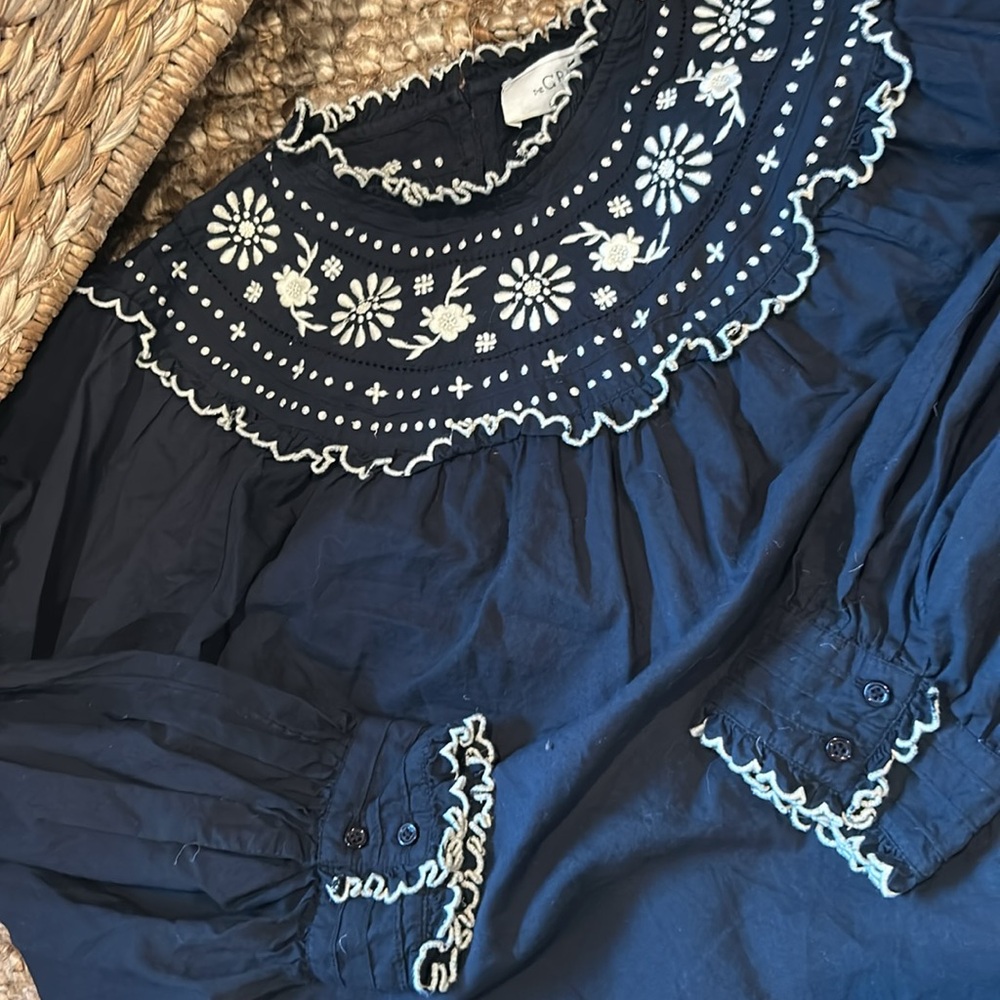 THE GREAT. Navy Blue Embroidered Peasant Blouse with White Trim - Picture 6 of 11